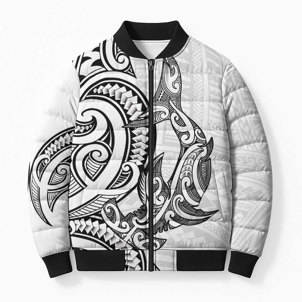 New Zealand Hammerhead Shark Bomber Puffer Jacket Maori Haehae Mangopare White - Vibe Hoodie