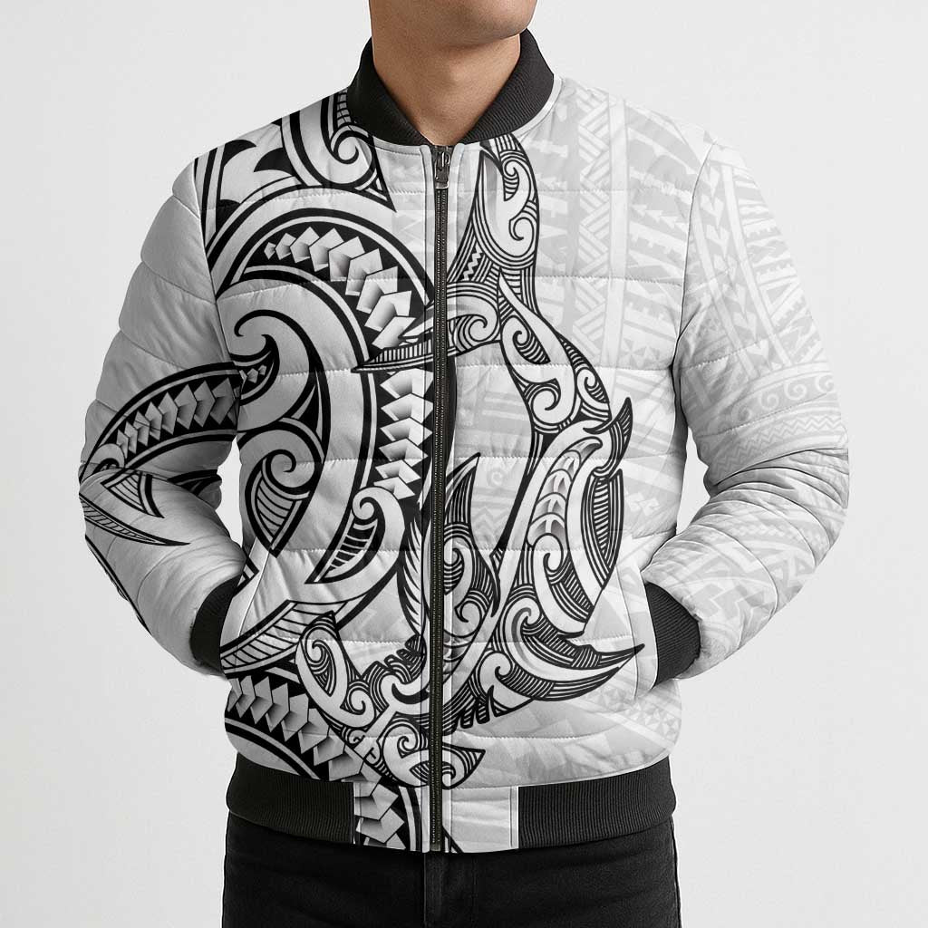 New Zealand Hammerhead Shark Bomber Puffer Jacket Maori Haehae Mangopare White - Vibe Hoodie