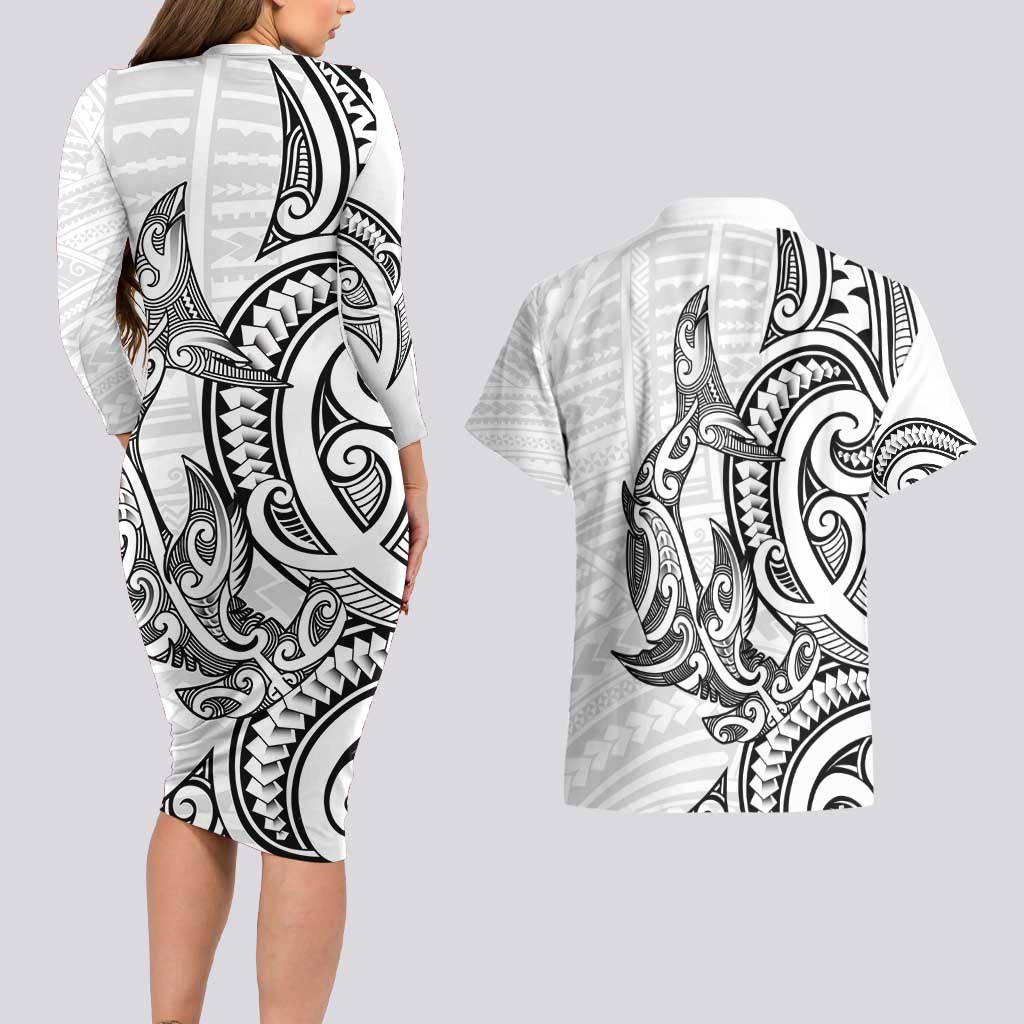 New Zealand Hammerhead Shark Couples Matching Long Sleeve Bodycon Dress and Hawaiian Shirt Maori Haehae Mangopare White - Vibe Hoodie