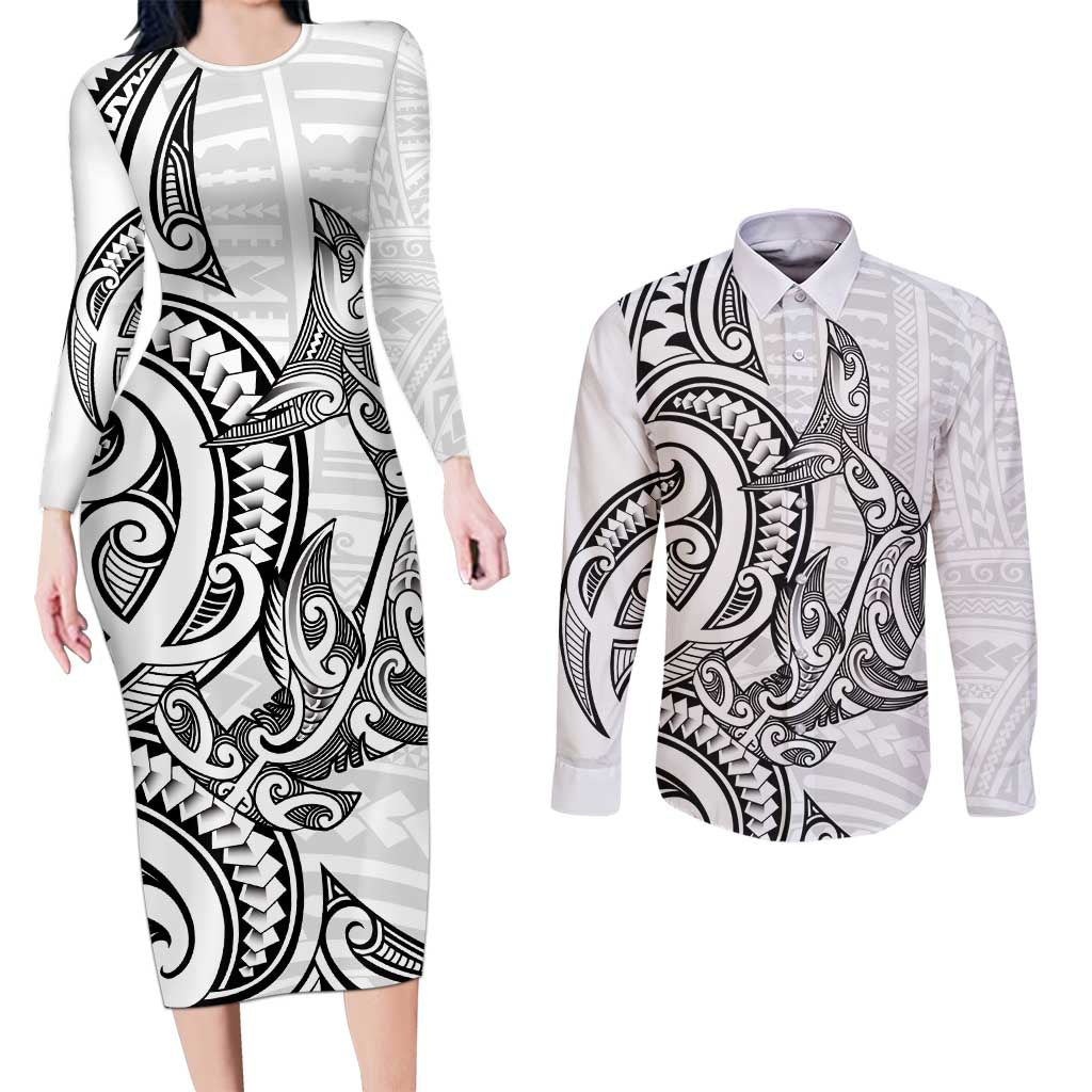 New Zealand Hammerhead Shark Couples Matching Long Sleeve Bodycon Dress and Long Sleeve Button Shirt Maori Haehae Mangopare White - Vibe Hoodie