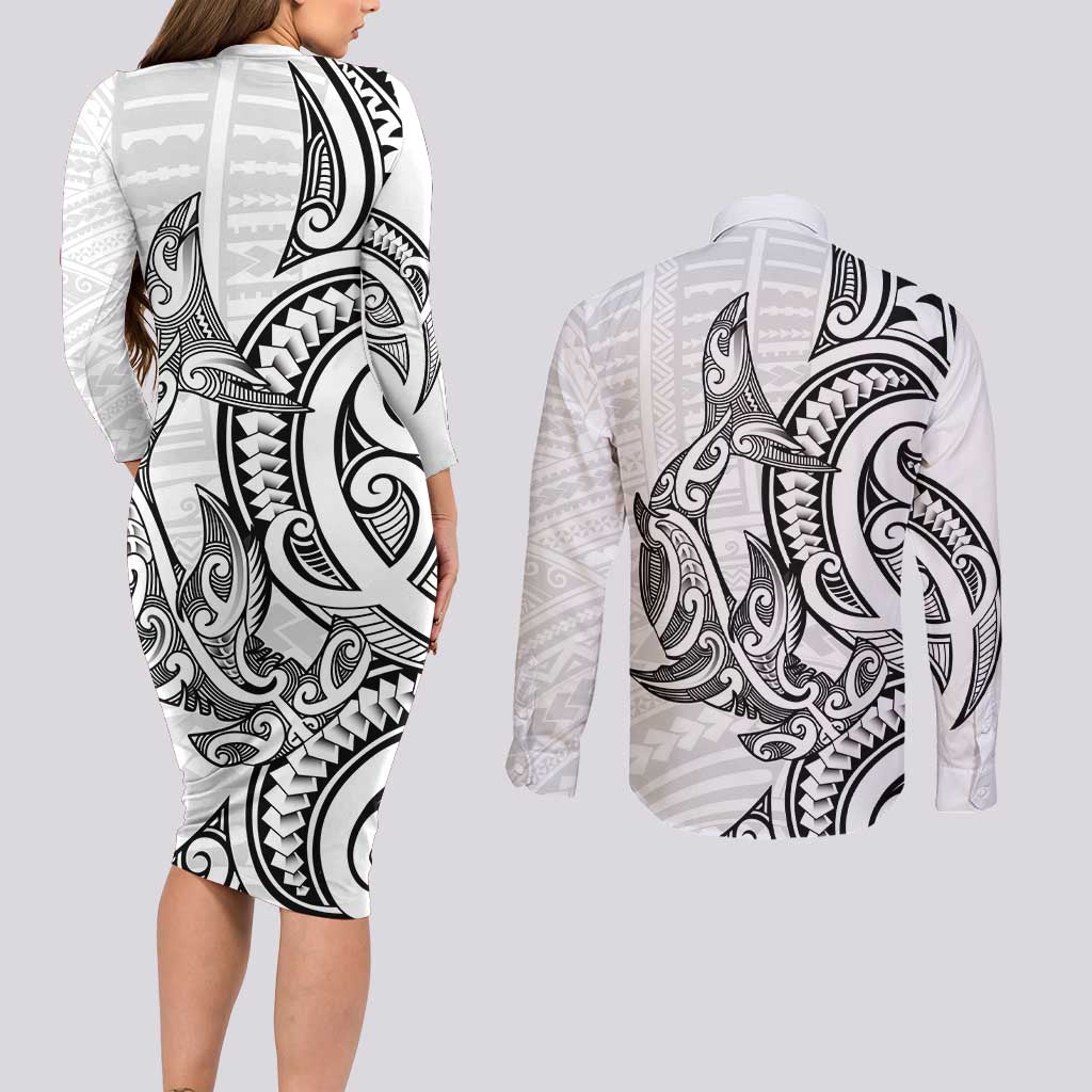 New Zealand Hammerhead Shark Couples Matching Long Sleeve Bodycon Dress and Long Sleeve Button Shirt Maori Haehae Mangopare White - Vibe Hoodie