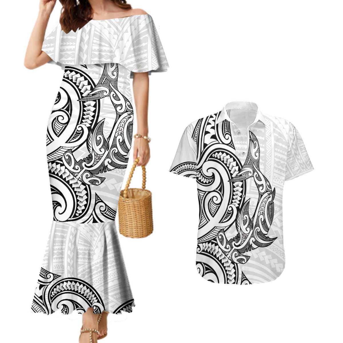 New Zealand Hammerhead Shark Couples Matching Mermaid Dress and Hawaiian Shirt Maori Haehae Mangopare White - Vibe Hoodie