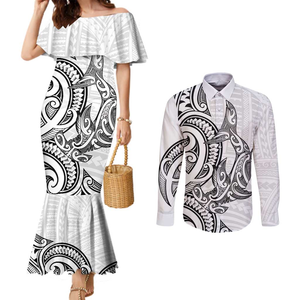 New Zealand Hammerhead Shark Couples Matching Mermaid Dress and Long Sleeve Button Shirt Maori Haehae Mangopare White - Vibe Hoodie