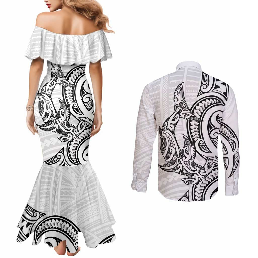 New Zealand Hammerhead Shark Couples Matching Mermaid Dress and Long Sleeve Button Shirt Maori Haehae Mangopare White - Vibe Hoodie