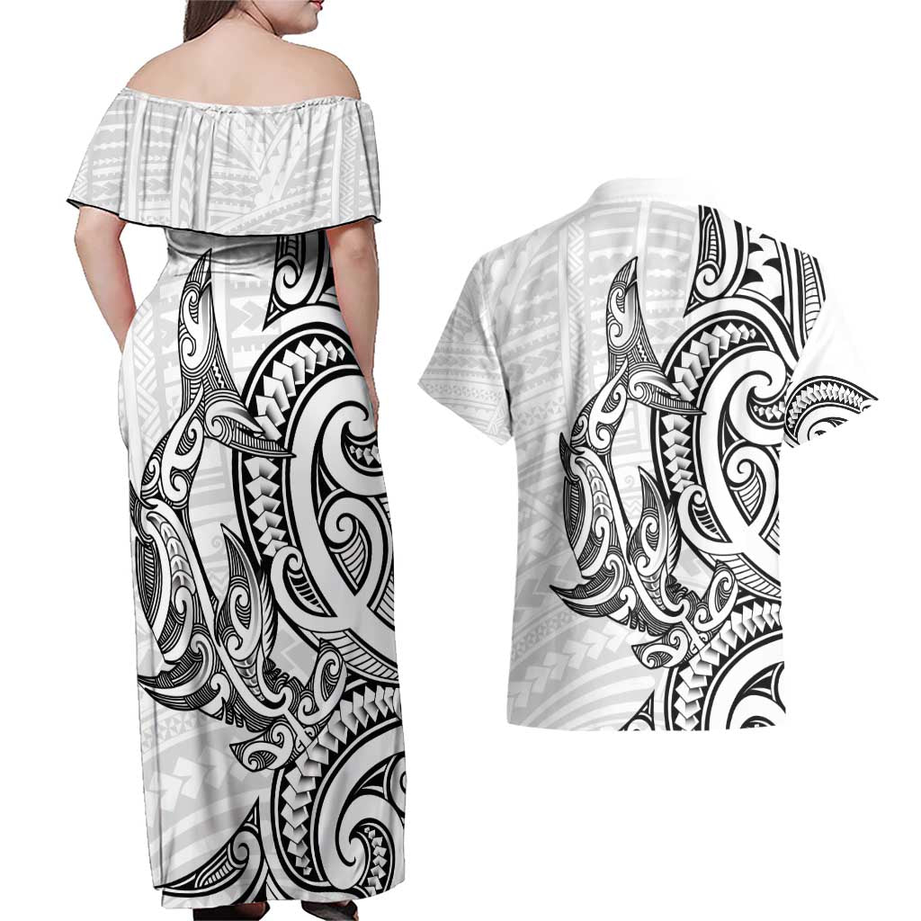 New Zealand Hammerhead Shark Couples Matching Off Shoulder Maxi Dress and Hawaiian Shirt Maori Haehae Mangopare White - Vibe Hoodie
