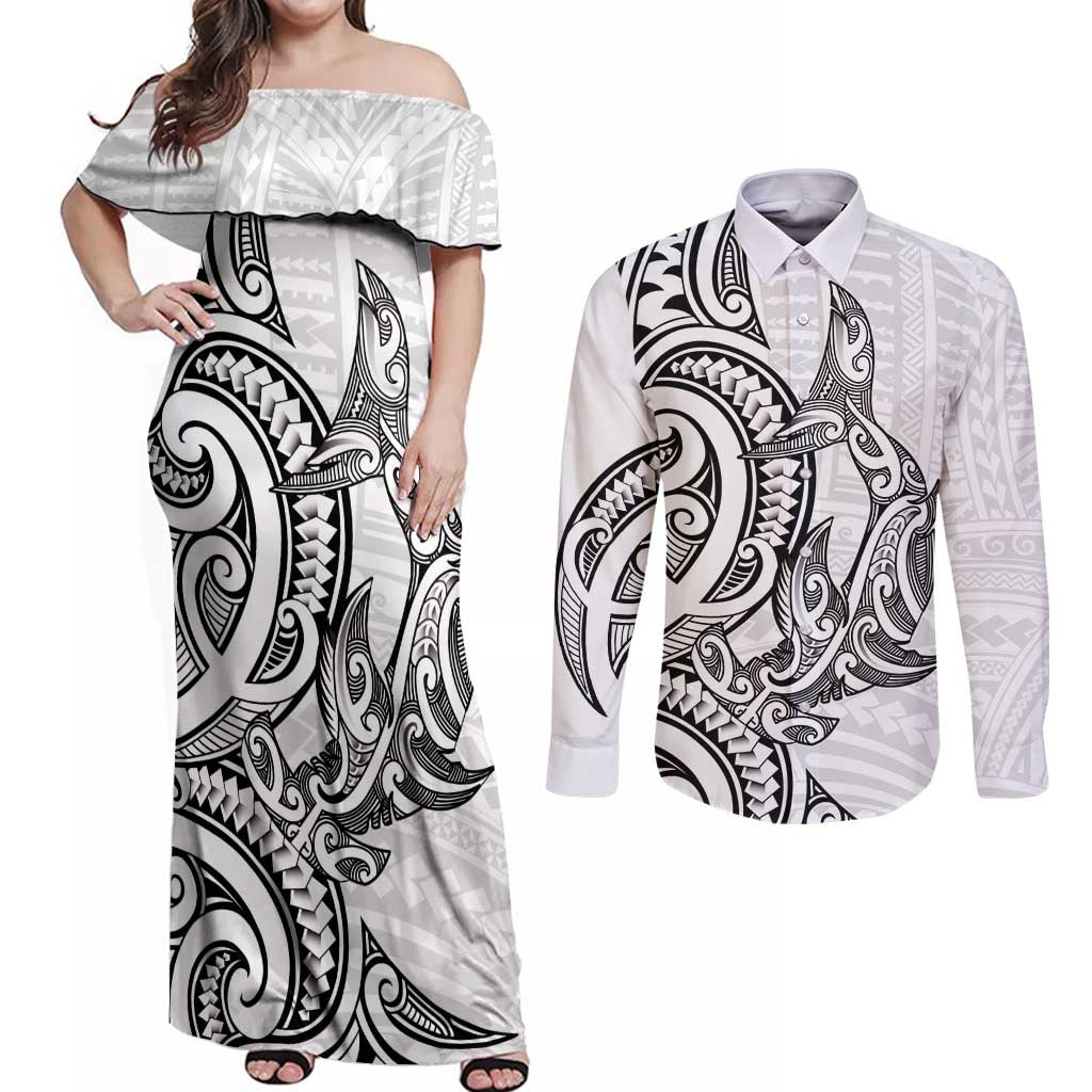 New Zealand Hammerhead Shark Couples Matching Off Shoulder Maxi Dress and Long Sleeve Button Shirt Maori Haehae Mangopare White - Vibe Hoodie