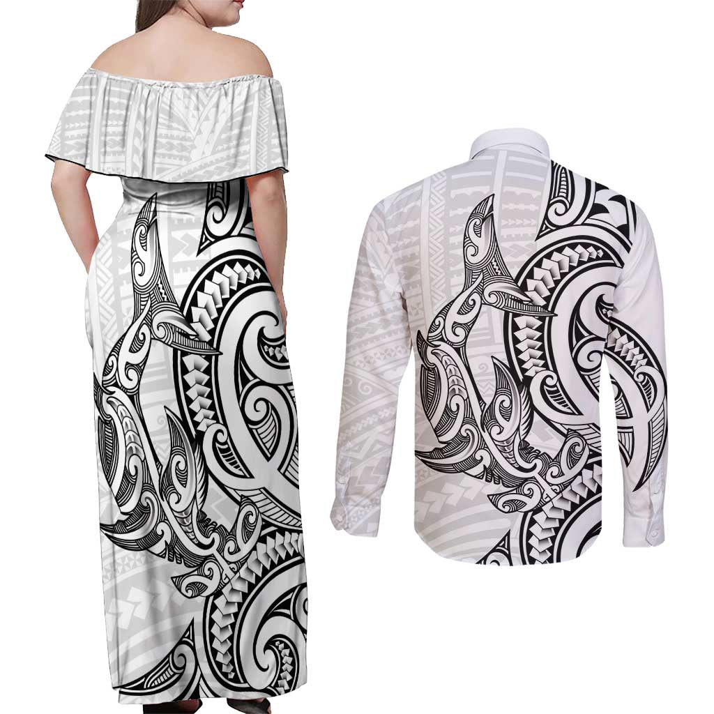 New Zealand Hammerhead Shark Couples Matching Off Shoulder Maxi Dress and Long Sleeve Button Shirt Maori Haehae Mangopare White - Vibe Hoodie
