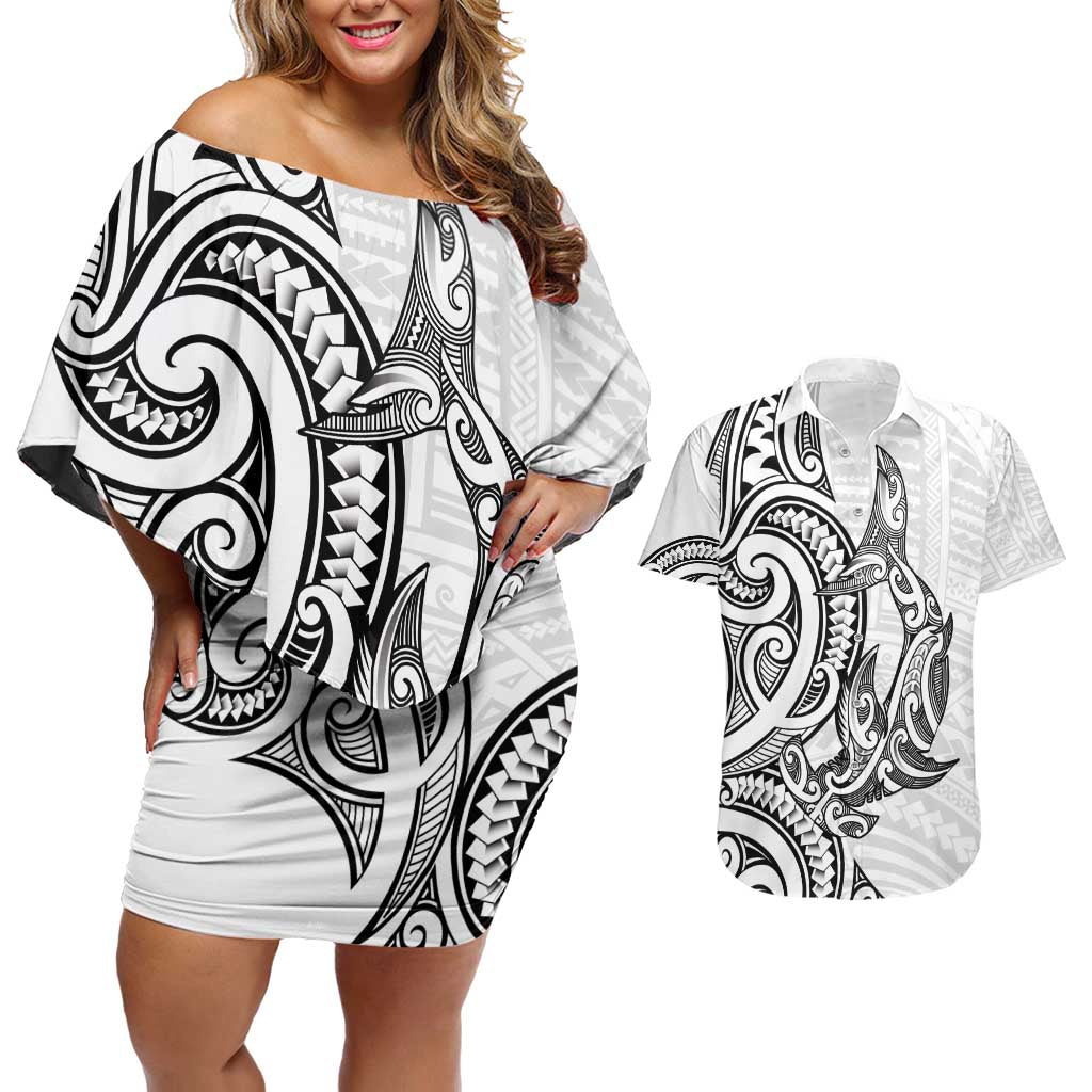 New Zealand Hammerhead Shark Couples Matching Off Shoulder Short Dress and Hawaiian Shirt Maori Haehae Mangopare White - Vibe Hoodie