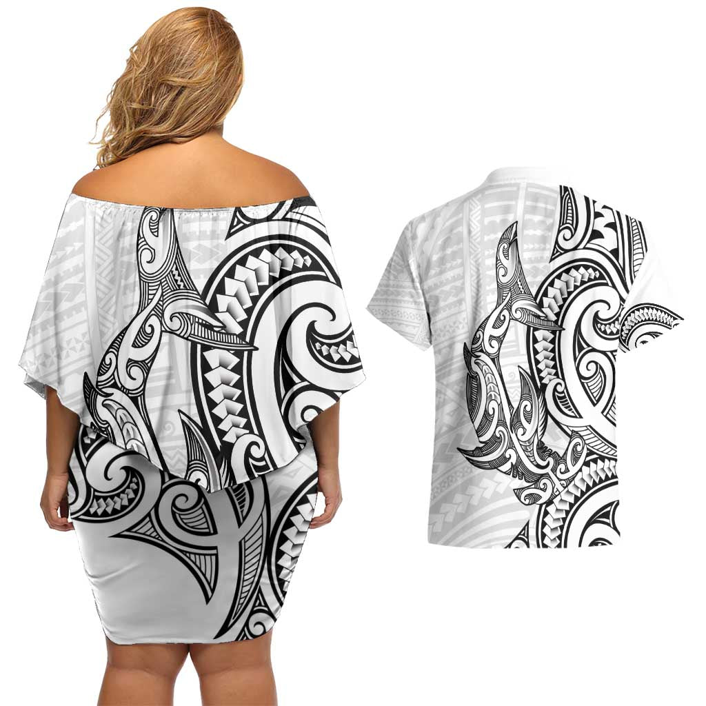 New Zealand Hammerhead Shark Couples Matching Off Shoulder Short Dress and Hawaiian Shirt Maori Haehae Mangopare White - Vibe Hoodie