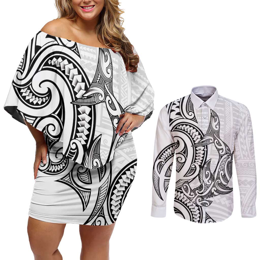 New Zealand Hammerhead Shark Couples Matching Off Shoulder Short Dress and Long Sleeve Button Shirt Maori Haehae Mangopare White - Vibe Hoodie