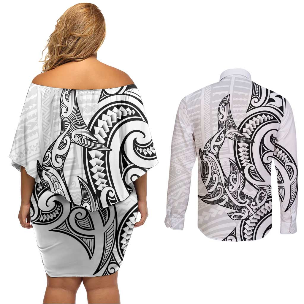 New Zealand Hammerhead Shark Couples Matching Off Shoulder Short Dress and Long Sleeve Button Shirt Maori Haehae Mangopare White - Vibe Hoodie