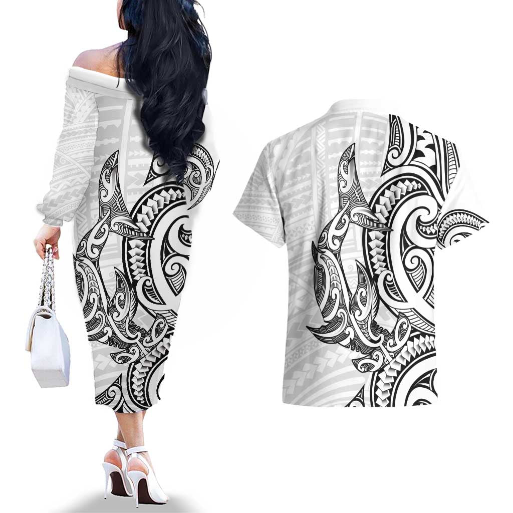 New Zealand Hammerhead Shark Couples Matching Off The Shoulder Long Sleeve Dress and Hawaiian Shirt Maori Haehae Mangopare White - Vibe Hoodie