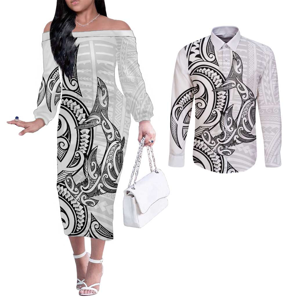 New Zealand Hammerhead Shark Couples Matching Off The Shoulder Long Sleeve Dress and Long Sleeve Button Shirt Maori Haehae Mangopare White - Vibe Hoodie