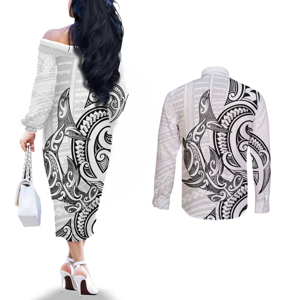New Zealand Hammerhead Shark Couples Matching Off The Shoulder Long Sleeve Dress and Long Sleeve Button Shirt Maori Haehae Mangopare White - Vibe Hoodie