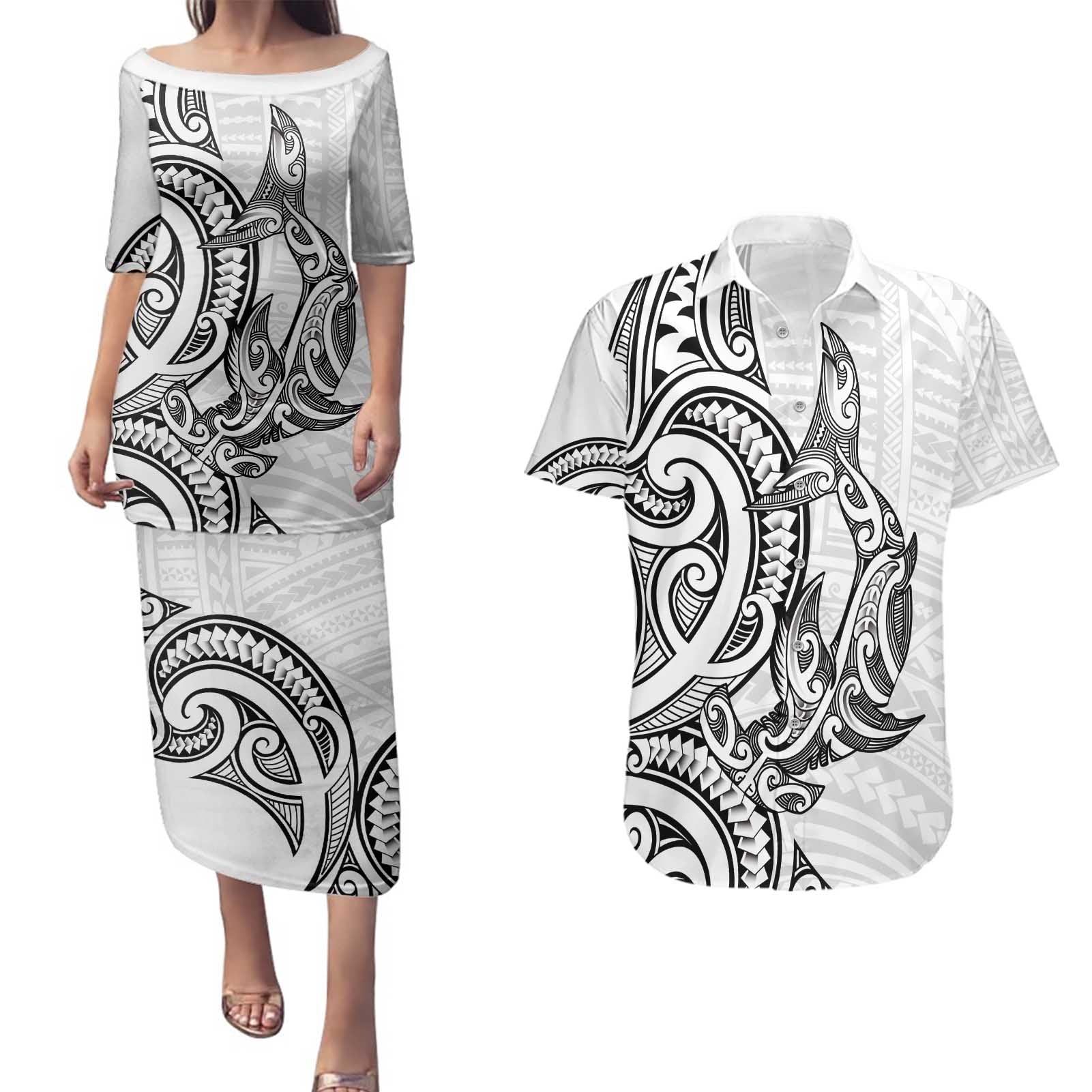New Zealand Hammerhead Shark Couples Matching Puletasi and Hawaiian Shirt Maori Haehae Mangopare White - Vibe Hoodie