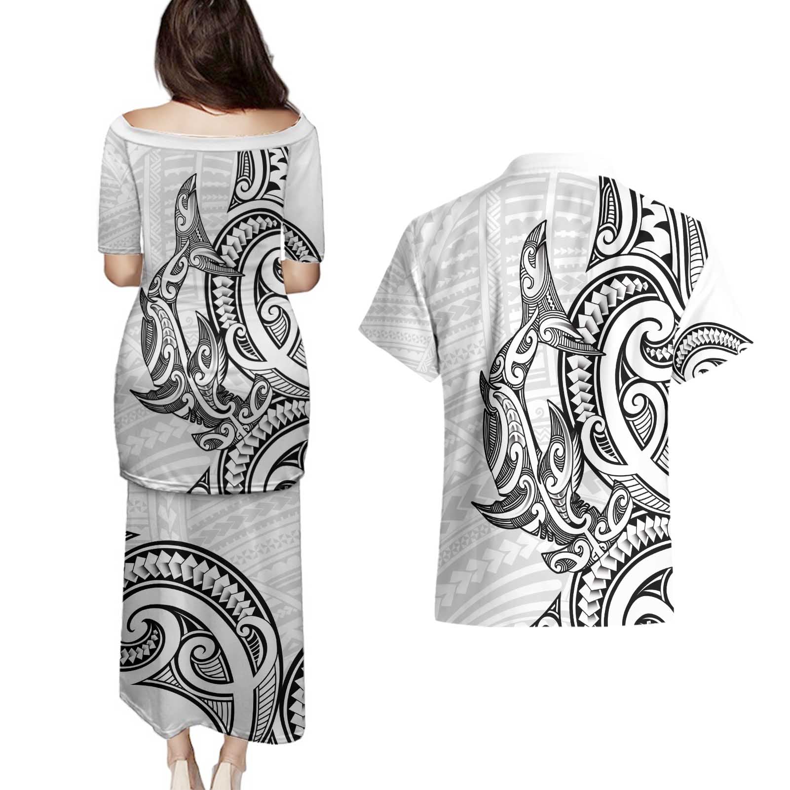 New Zealand Hammerhead Shark Couples Matching Puletasi and Hawaiian Shirt Maori Haehae Mangopare White - Vibe Hoodie