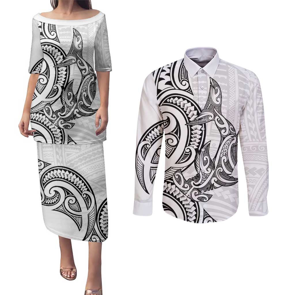 New Zealand Hammerhead Shark Couples Matching Puletasi and Long Sleeve Button Shirt Maori Haehae Mangopare White - Vibe Hoodie