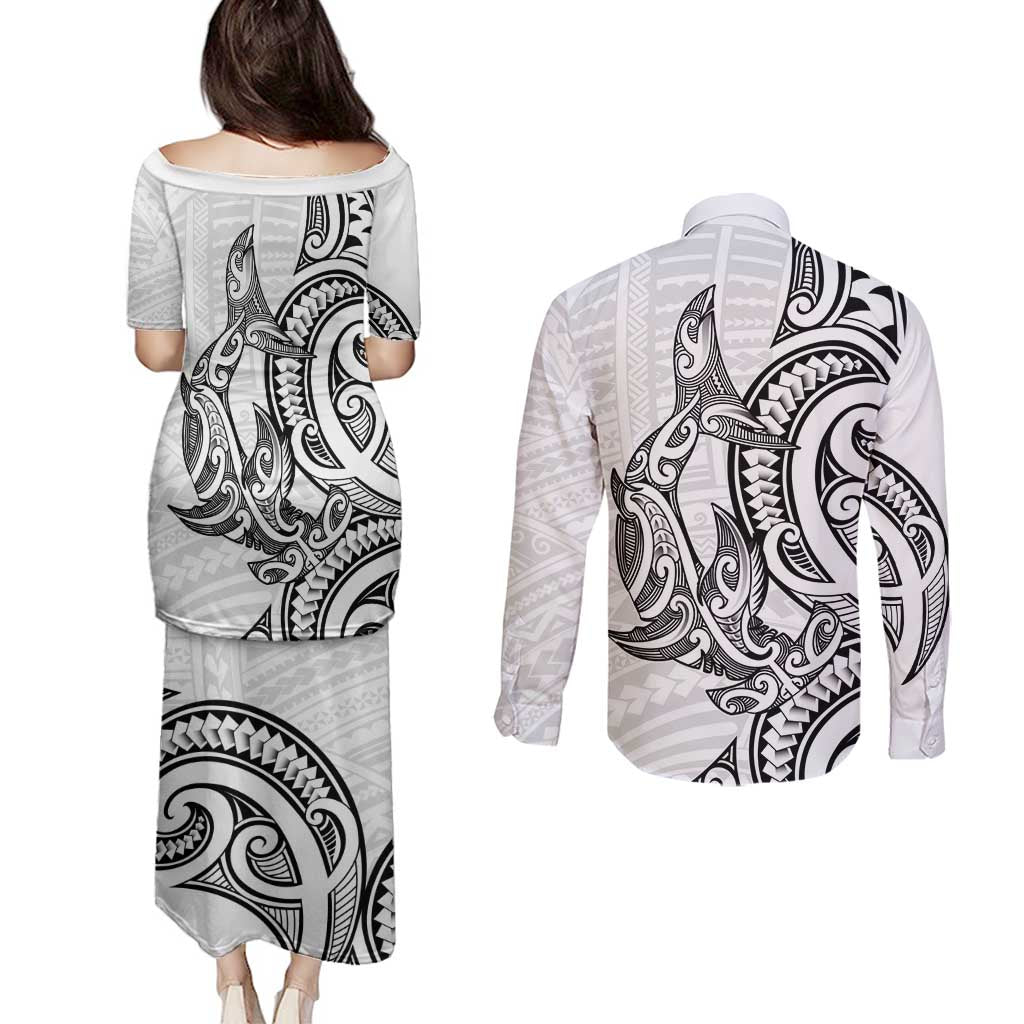 New Zealand Hammerhead Shark Couples Matching Puletasi and Long Sleeve Button Shirt Maori Haehae Mangopare White - Vibe Hoodie