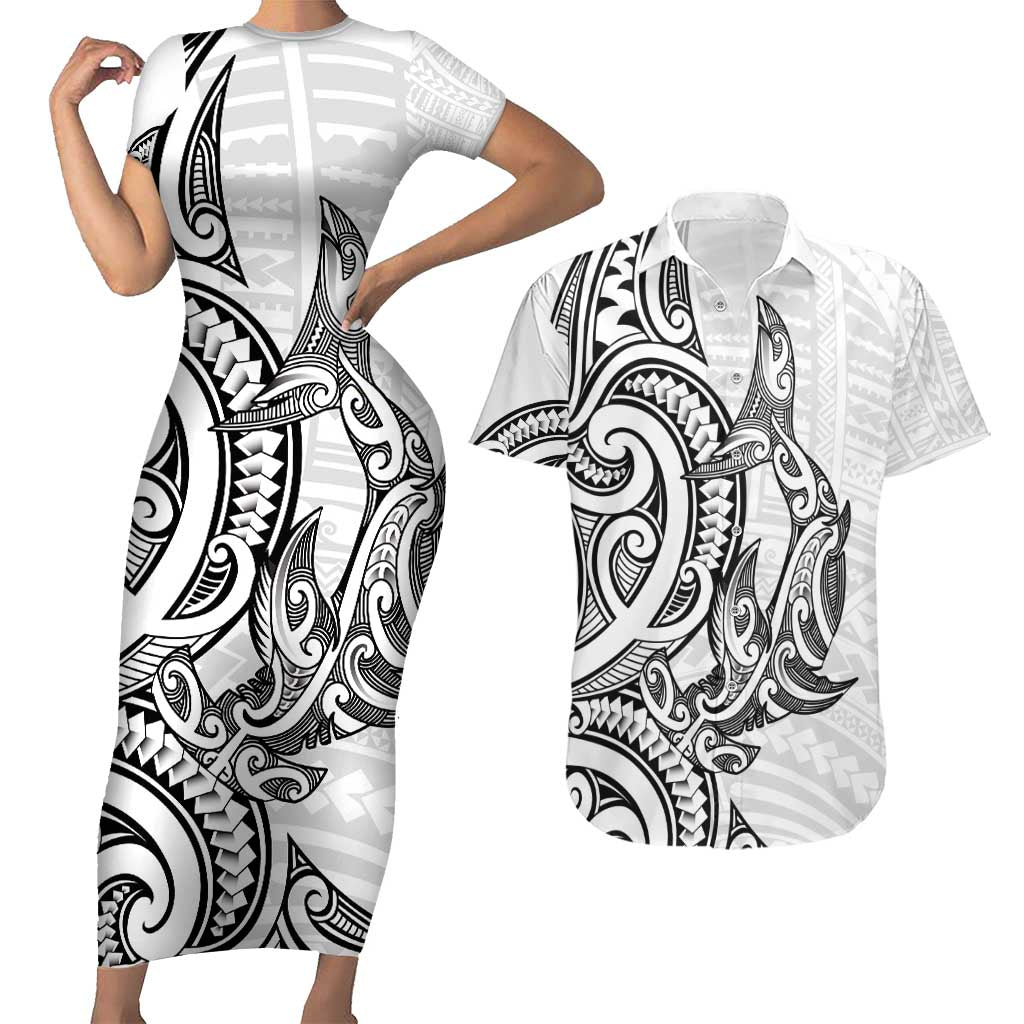 New Zealand Hammerhead Shark Couples Matching Short Sleeve Bodycon Dress and Hawaiian Shirt Maori Haehae Mangopare White - Vibe Hoodie