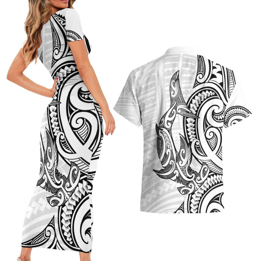New Zealand Hammerhead Shark Couples Matching Short Sleeve Bodycon Dress and Hawaiian Shirt Maori Haehae Mangopare White - Vibe Hoodie
