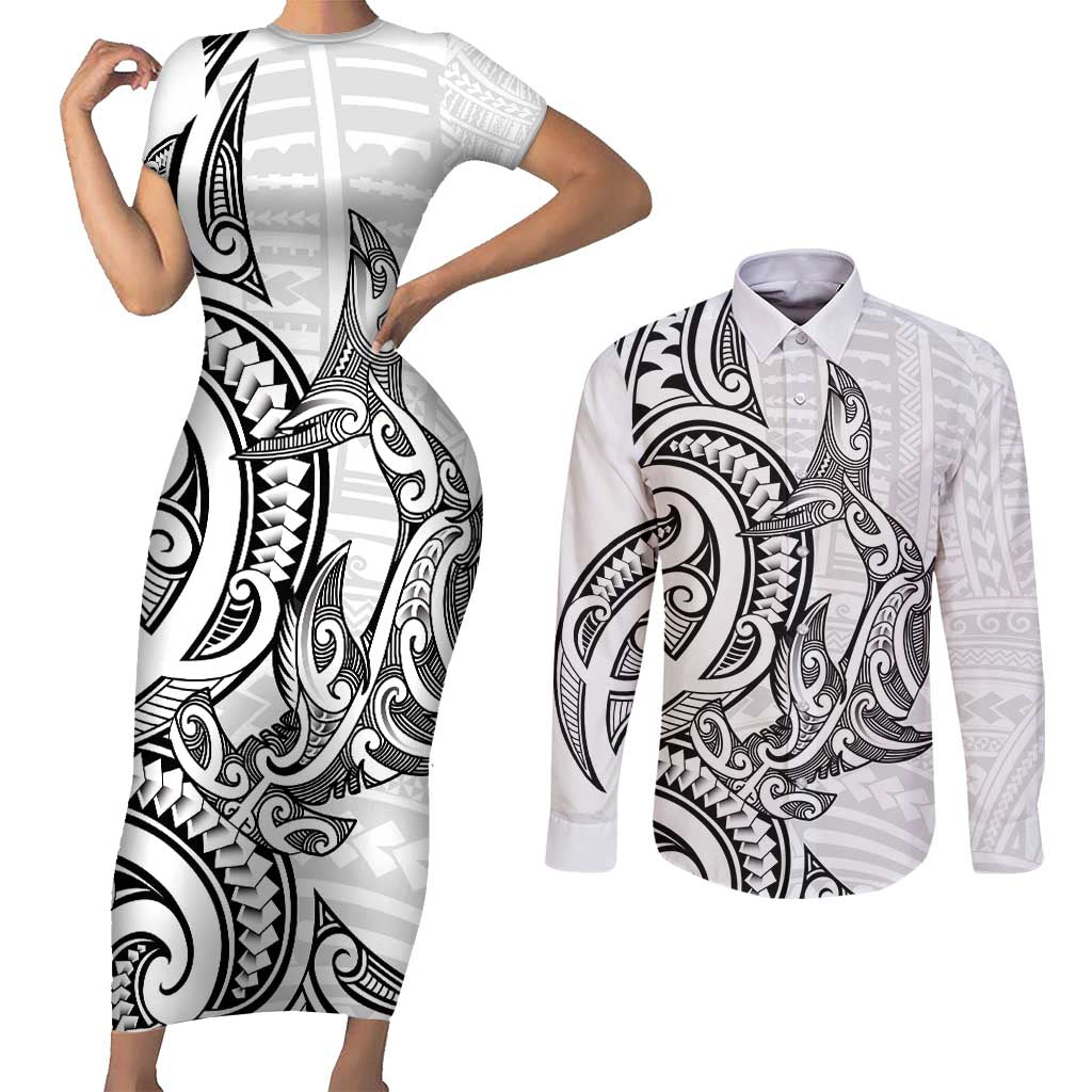 New Zealand Hammerhead Shark Couples Matching Short Sleeve Bodycon Dress and Long Sleeve Button Shirt Maori Haehae Mangopare White - Vibe Hoodie