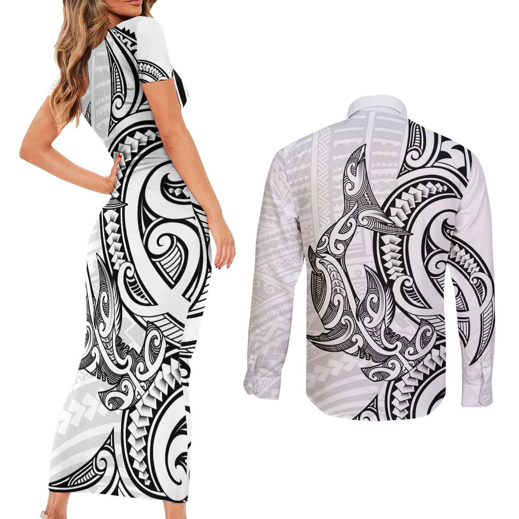 New Zealand Hammerhead Shark Couples Matching Short Sleeve Bodycon Dress and Long Sleeve Button Shirt Maori Haehae Mangopare White - Vibe Hoodie