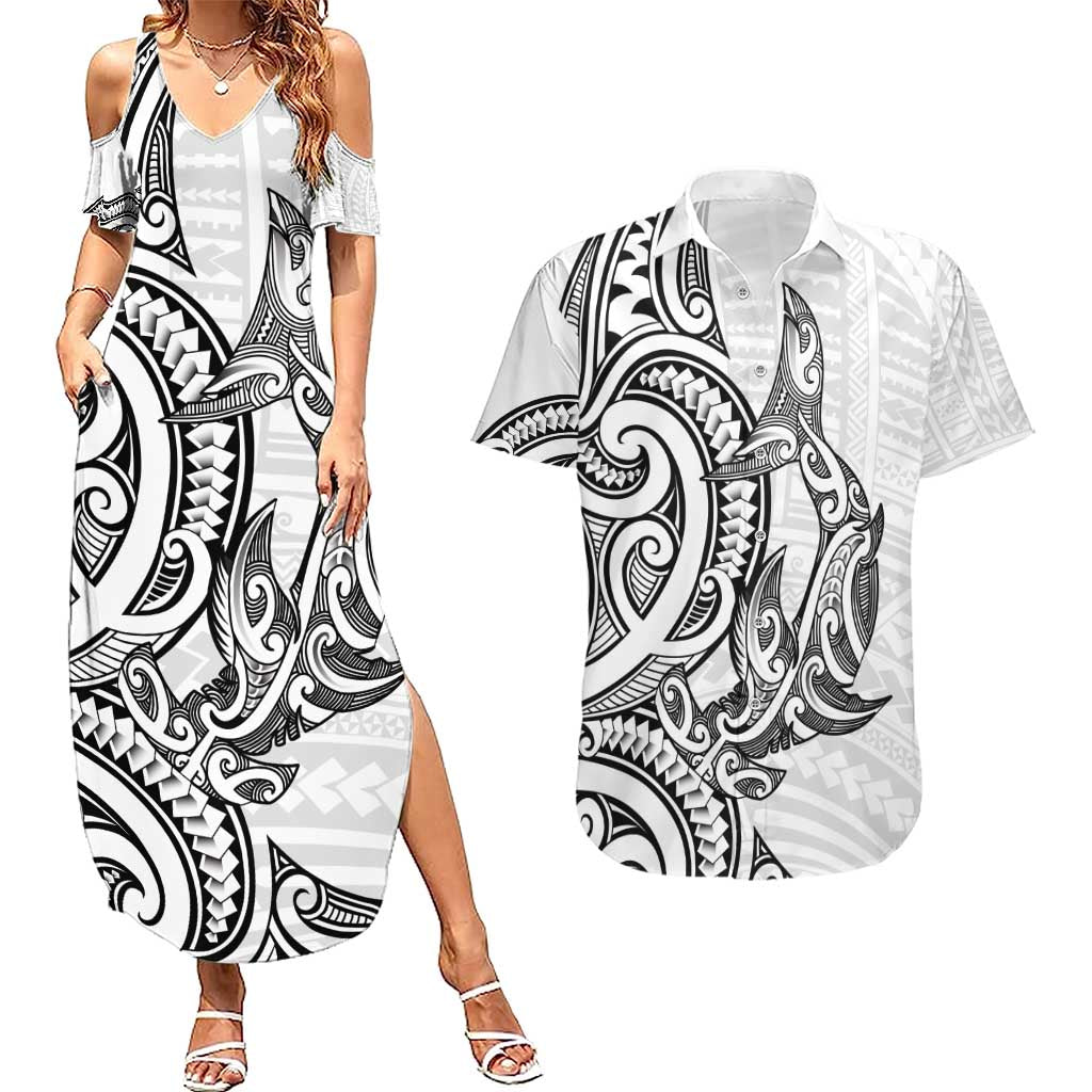 New Zealand Hammerhead Shark Couples Matching Summer Maxi Dress and Hawaiian Shirt Maori Haehae Mangopare White - Vibe Hoodie