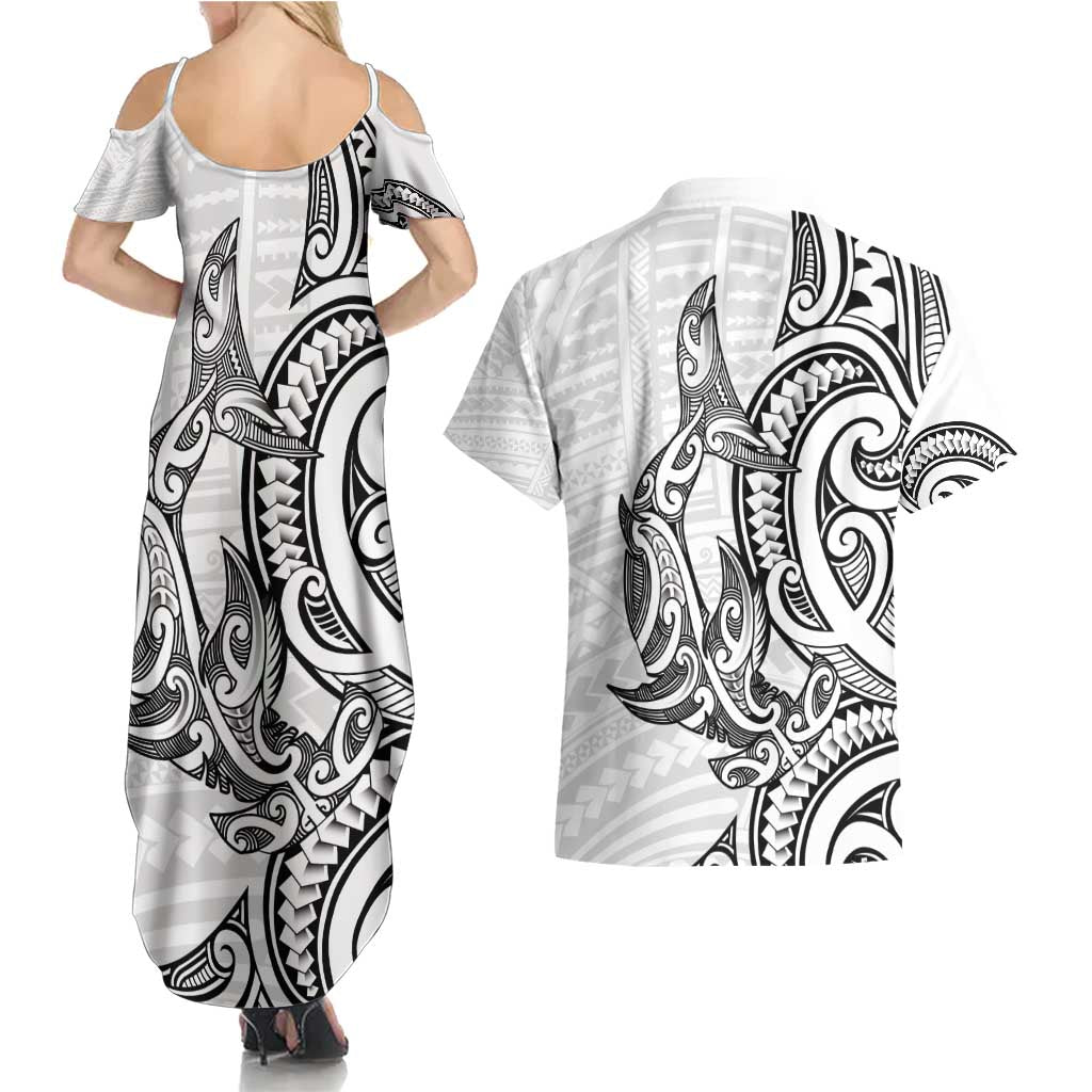 New Zealand Hammerhead Shark Couples Matching Summer Maxi Dress and Hawaiian Shirt Maori Haehae Mangopare White - Vibe Hoodie
