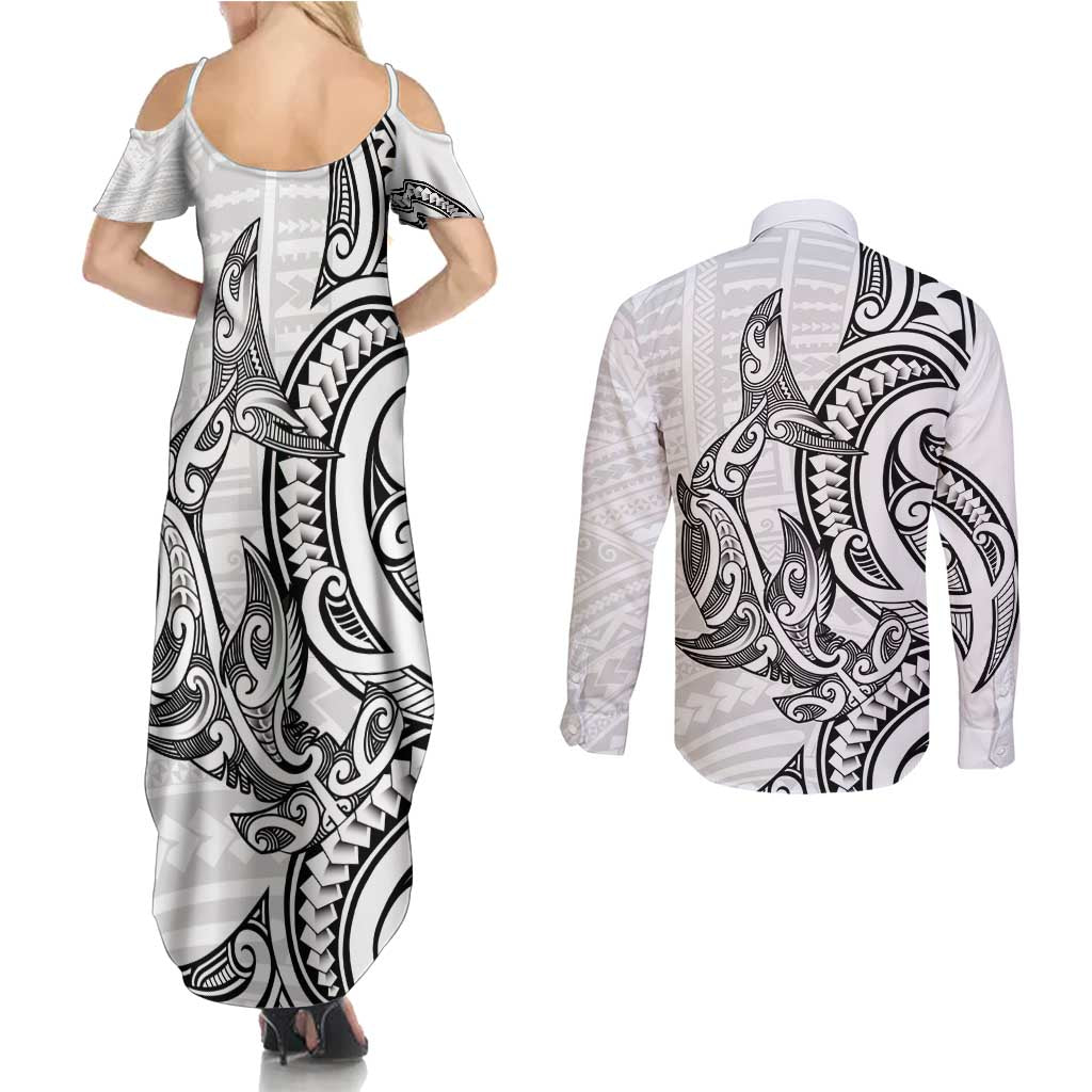 New Zealand Hammerhead Shark Couples Matching Summer Maxi Dress and Long Sleeve Button Shirt Maori Haehae Mangopare White - Vibe Hoodie