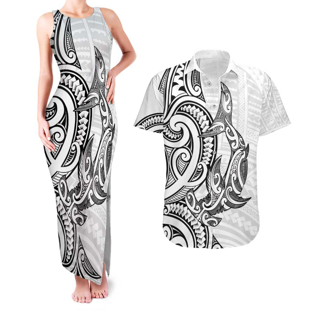 New Zealand Hammerhead Shark Couples Matching Tank Maxi Dress and Hawaiian Shirt Maori Haehae Mangopare White - Vibe Hoodie