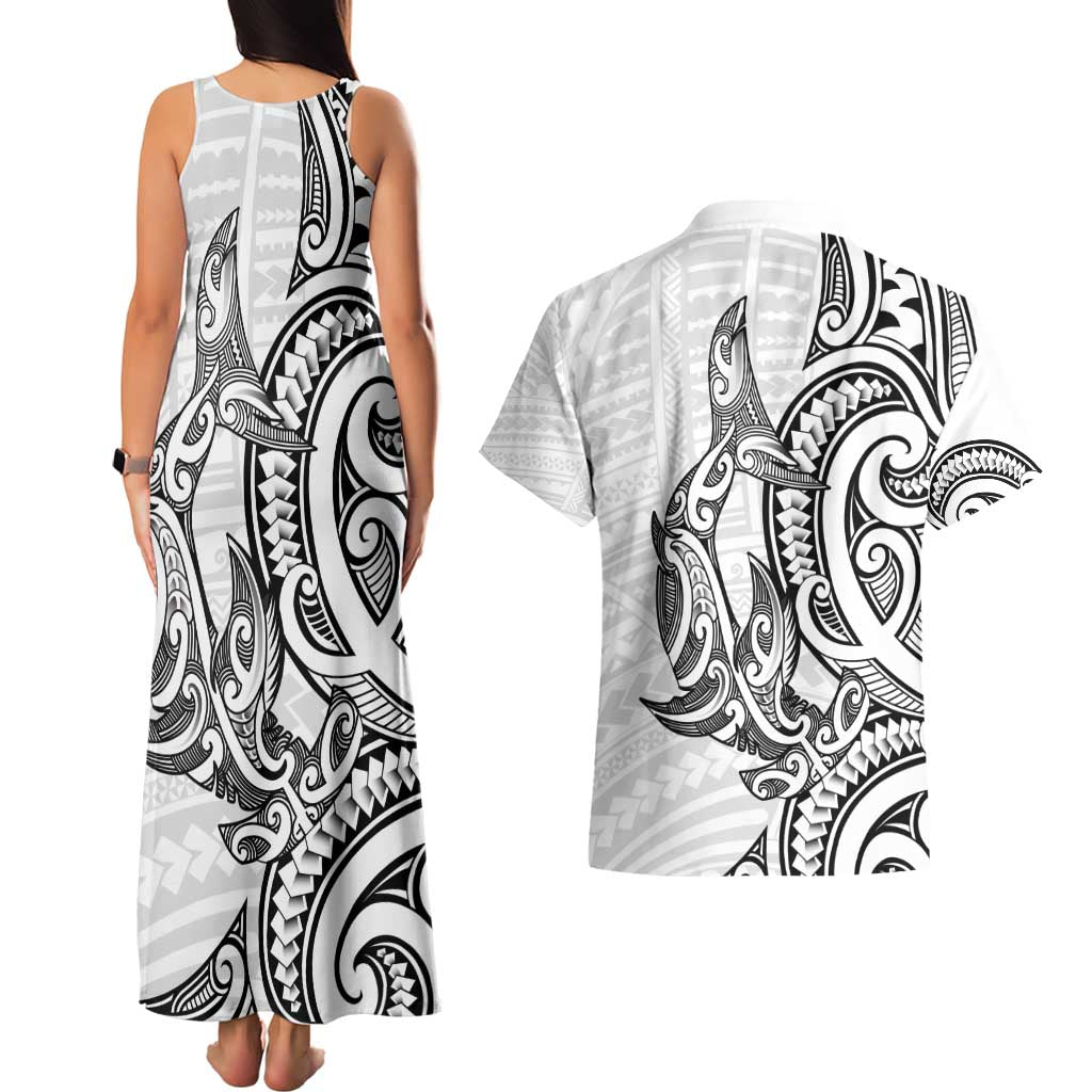 New Zealand Hammerhead Shark Couples Matching Tank Maxi Dress and Hawaiian Shirt Maori Haehae Mangopare White - Vibe Hoodie