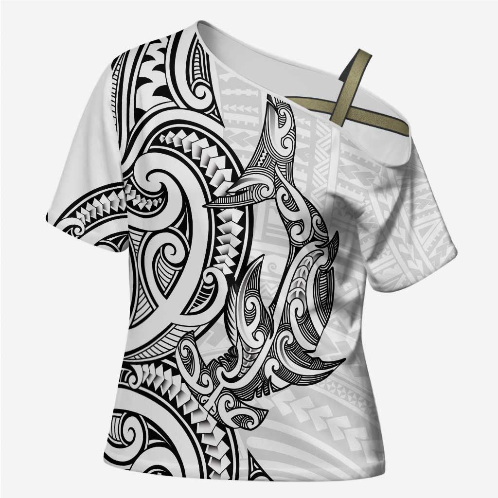 New Zealand Hammerhead Shark Cross Shoulder Shirt Maori Haehae Mangopare White - Vibe Hoodie