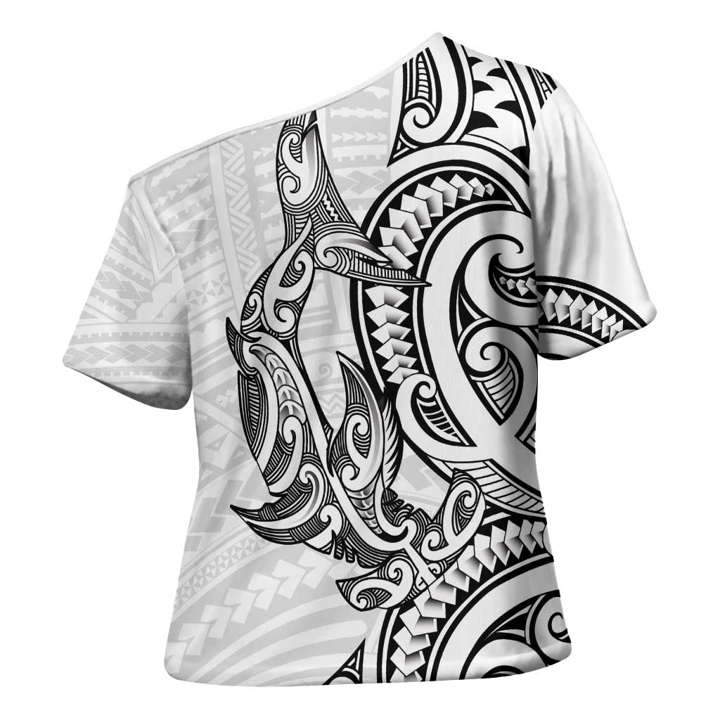 New Zealand Hammerhead Shark Cross Shoulder Shirt Maori Haehae Mangopare White - Vibe Hoodie