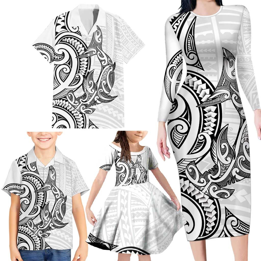 New Zealand Hammerhead Shark Family Matching Long Sleeve Bodycon Dress and Hawaiian Shirt Maori Haehae Mangopare White - Vibe Hoodie