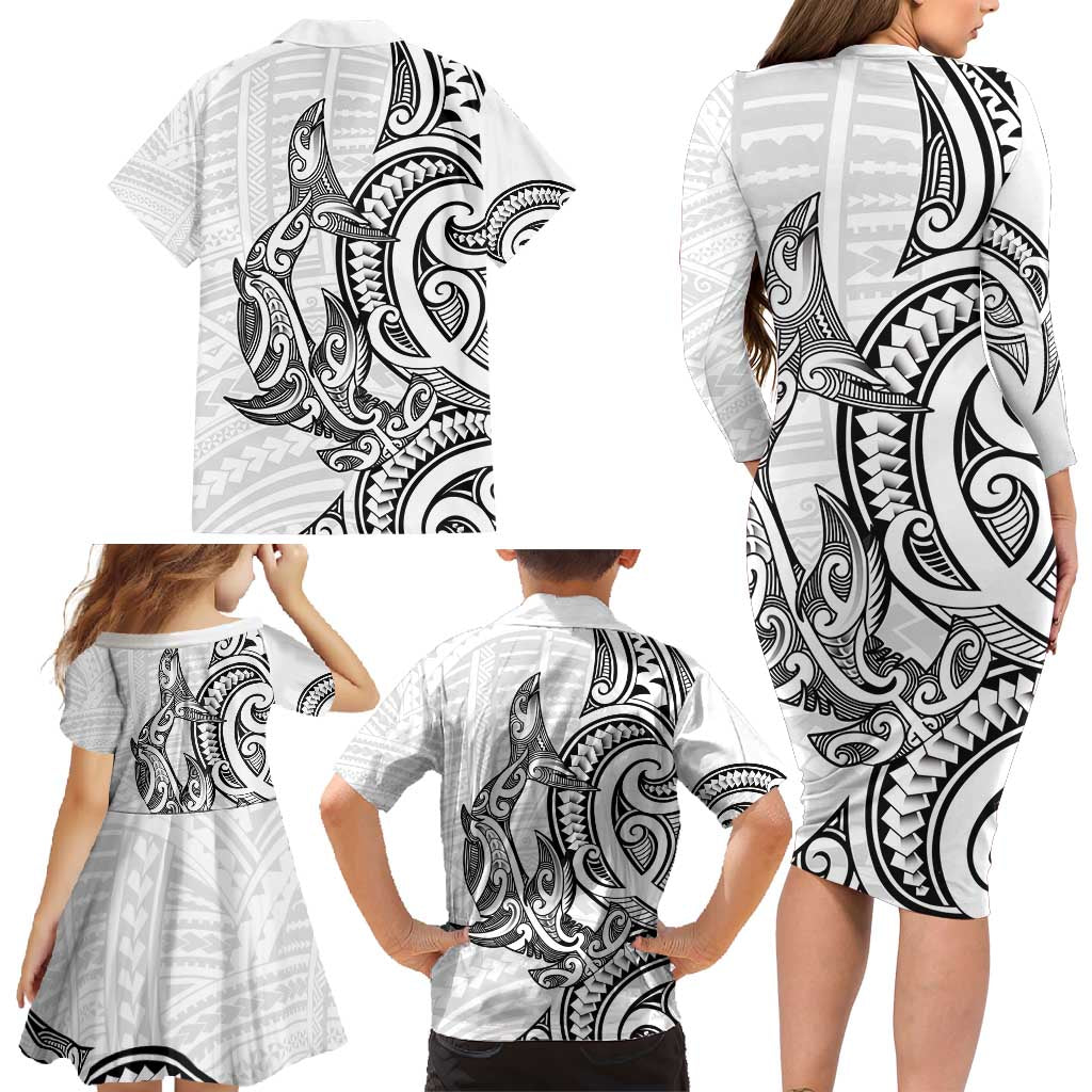 New Zealand Hammerhead Shark Family Matching Long Sleeve Bodycon Dress and Hawaiian Shirt Maori Haehae Mangopare White - Vibe Hoodie