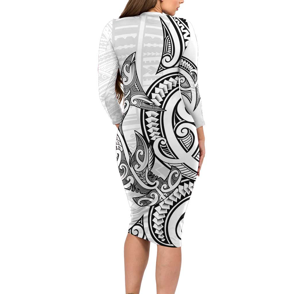 New Zealand Hammerhead Shark Family Matching Long Sleeve Bodycon Dress and Hawaiian Shirt Maori Haehae Mangopare White - Vibe Hoodie