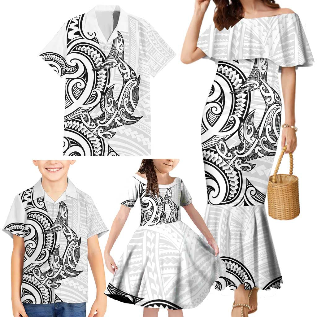 New Zealand Hammerhead Shark Family Matching Mermaid Dress and Hawaiian Shirt Maori Haehae Mangopare White - Vibe Hoodie