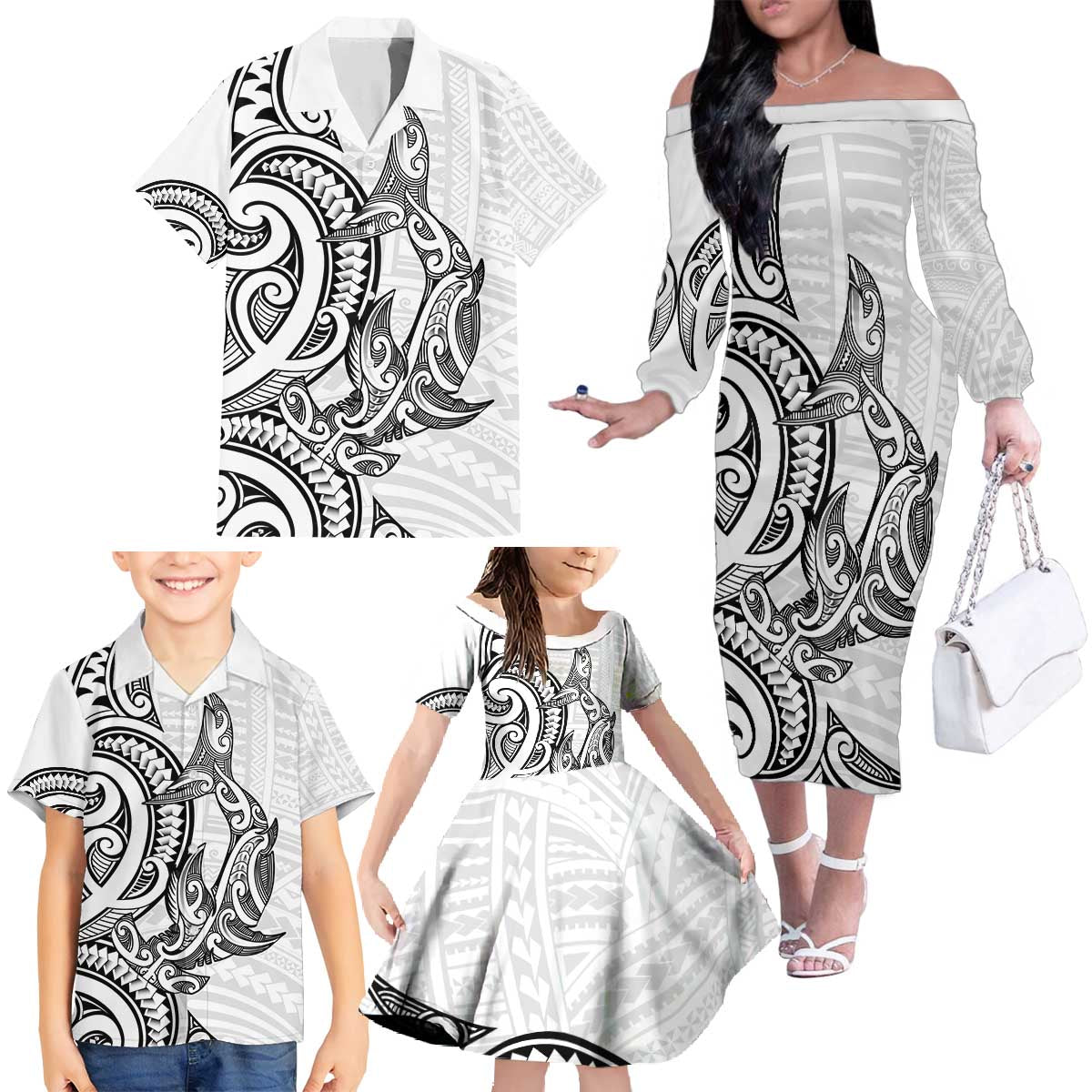 New Zealand Hammerhead Shark Family Matching Off The Shoulder Long Sleeve Dress and Hawaiian Shirt Maori Haehae Mangopare White - Vibe Hoodie