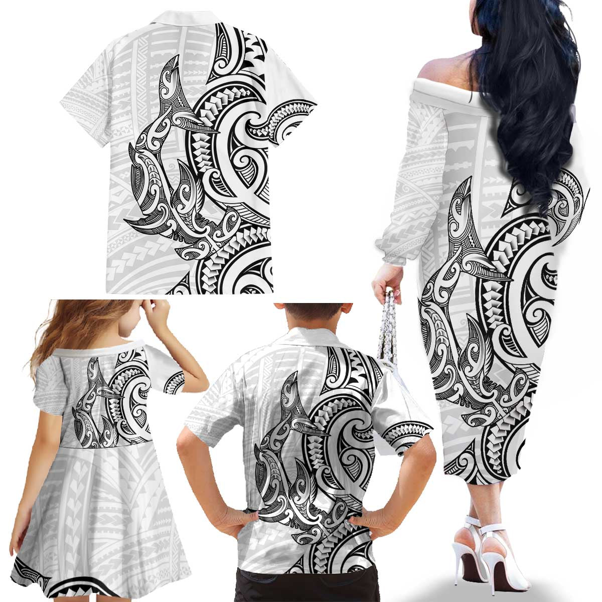 New Zealand Hammerhead Shark Family Matching Off The Shoulder Long Sleeve Dress and Hawaiian Shirt Maori Haehae Mangopare White - Vibe Hoodie