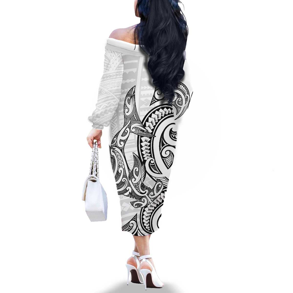 New Zealand Hammerhead Shark Family Matching Off The Shoulder Long Sleeve Dress and Hawaiian Shirt Maori Haehae Mangopare White - Vibe Hoodie