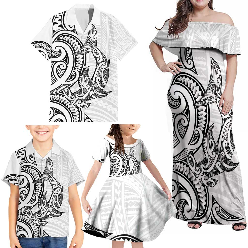 New Zealand Hammerhead Shark Family Matching Off Shoulder Maxi Dress and Hawaiian Shirt Maori Haehae Mangopare White - Vibe Hoodie