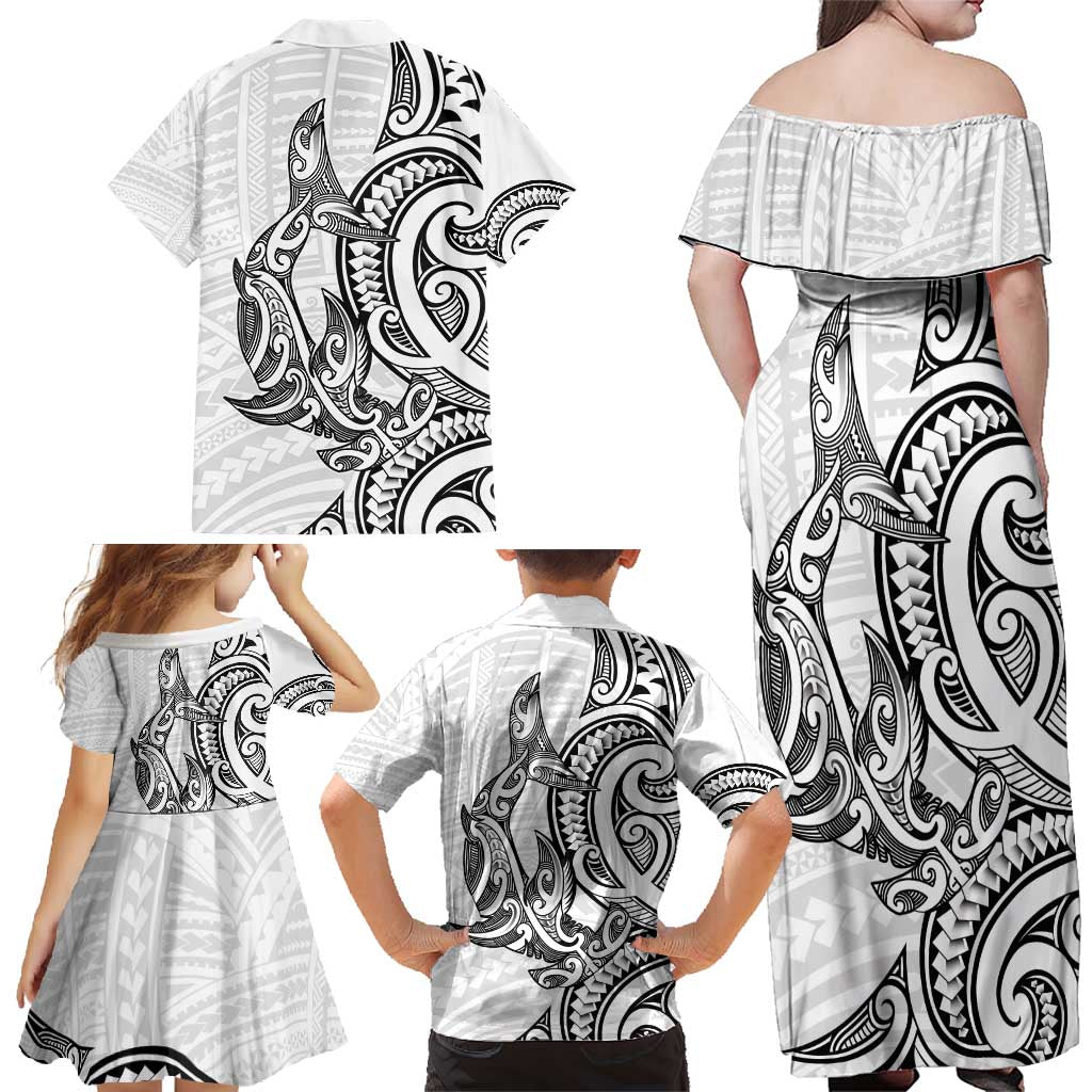 New Zealand Hammerhead Shark Family Matching Off Shoulder Maxi Dress and Hawaiian Shirt Maori Haehae Mangopare White - Vibe Hoodie