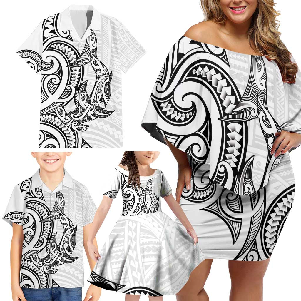 New Zealand Hammerhead Shark Family Matching Off Shoulder Short Dress and Hawaiian Shirt Maori Haehae Mangopare White - Vibe Hoodie