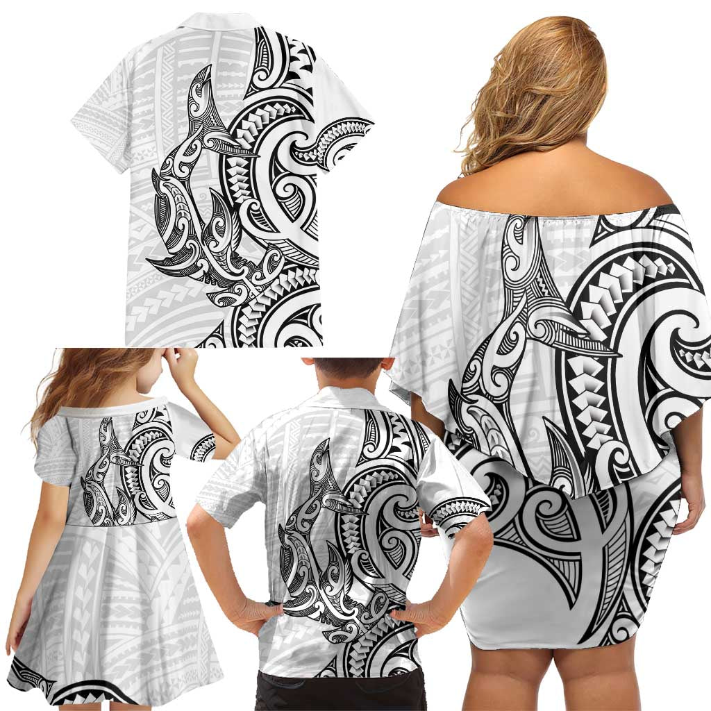 New Zealand Hammerhead Shark Family Matching Off Shoulder Short Dress and Hawaiian Shirt Maori Haehae Mangopare White - Vibe Hoodie