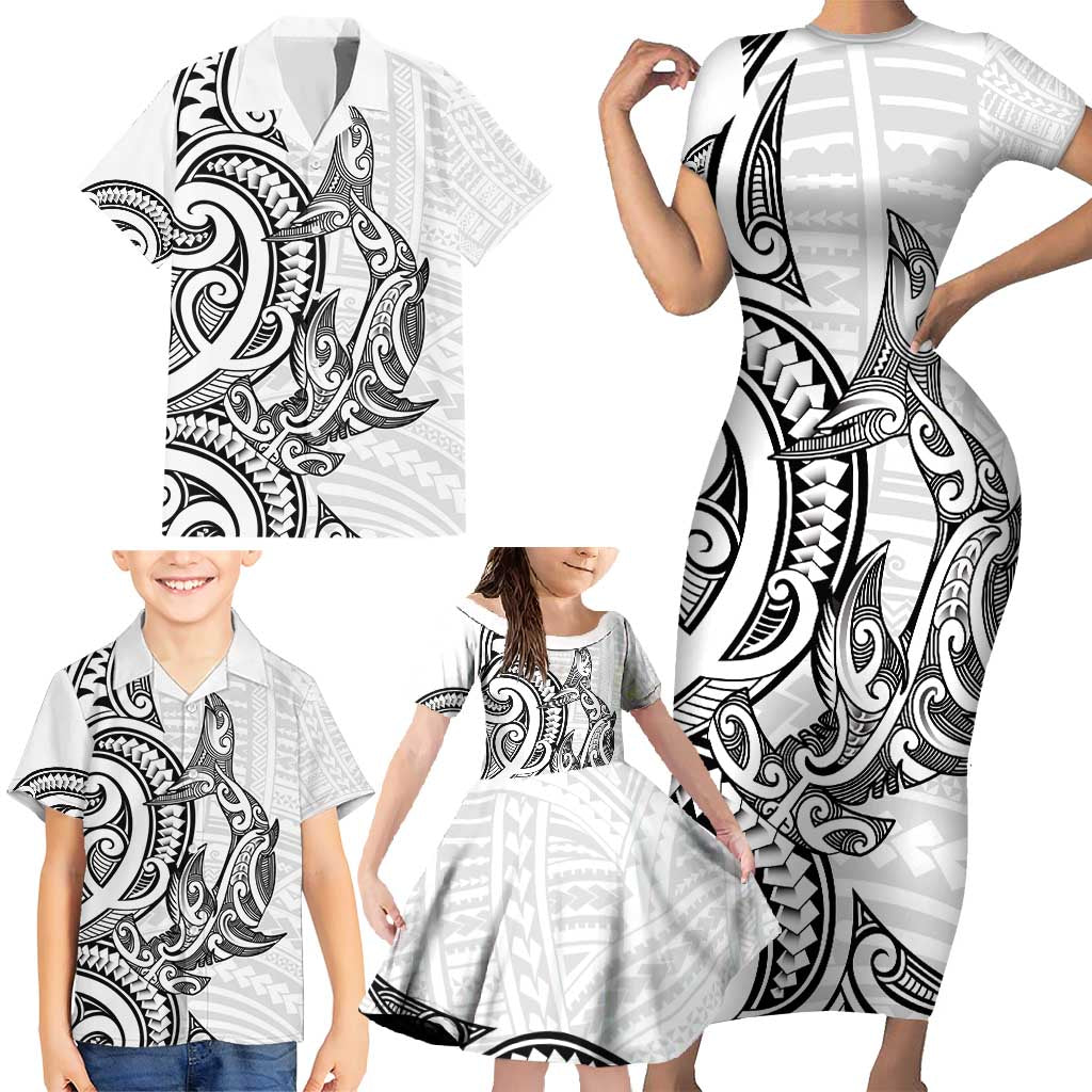 New Zealand Hammerhead Shark Family Matching Short Sleeve Bodycon Dress and Hawaiian Shirt Maori Haehae Mangopare White - Vibe Hoodie