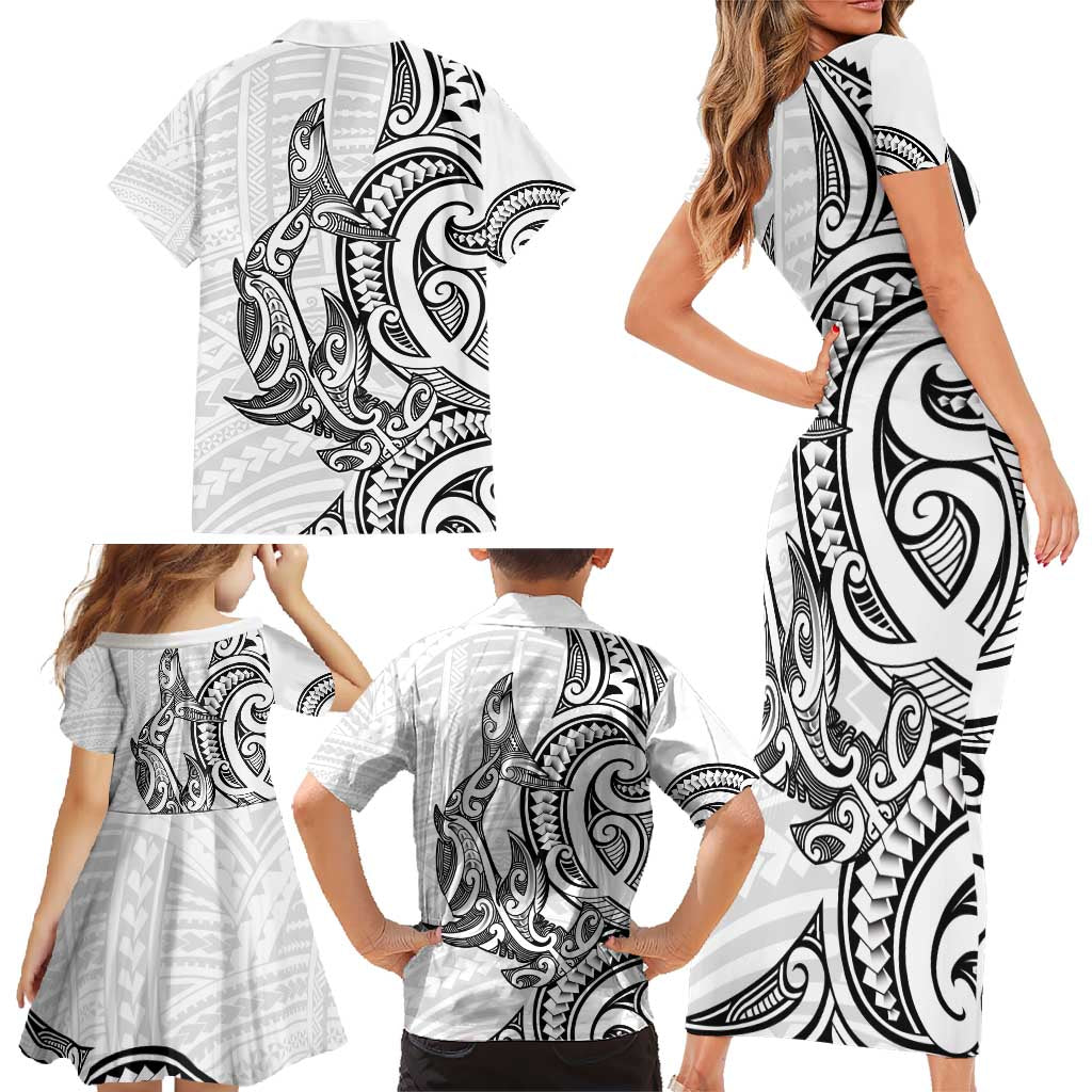 New Zealand Hammerhead Shark Family Matching Short Sleeve Bodycon Dress and Hawaiian Shirt Maori Haehae Mangopare White - Vibe Hoodie