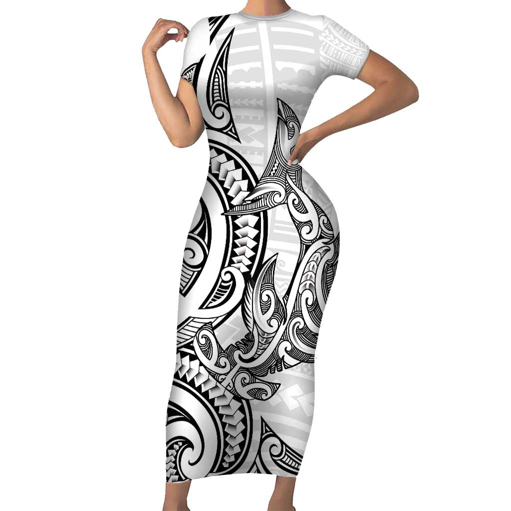 New Zealand Hammerhead Shark Family Matching Short Sleeve Bodycon Dress and Hawaiian Shirt Maori Haehae Mangopare White - Vibe Hoodie
