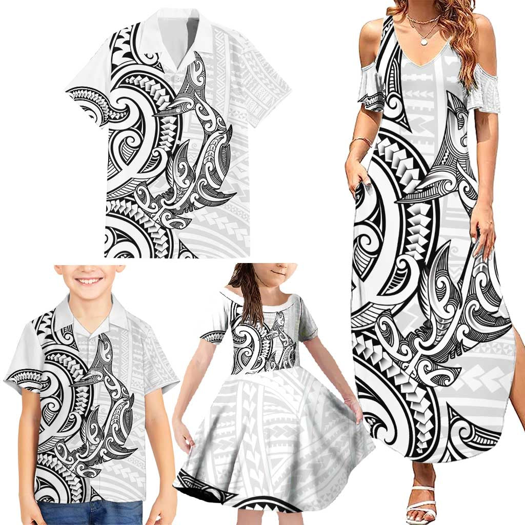 New Zealand Hammerhead Shark Family Matching Summer Maxi Dress and Hawaiian Shirt Maori Haehae Mangopare White - Vibe Hoodie