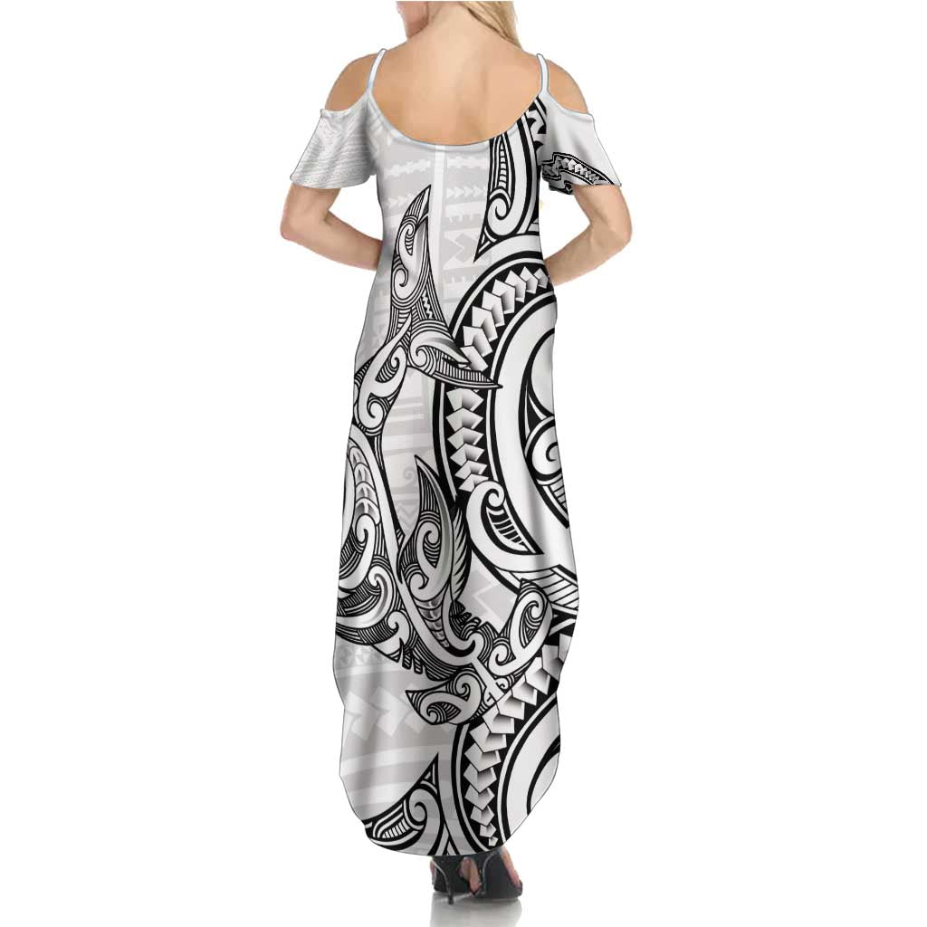 New Zealand Hammerhead Shark Family Matching Summer Maxi Dress and Hawaiian Shirt Maori Haehae Mangopare White - Vibe Hoodie