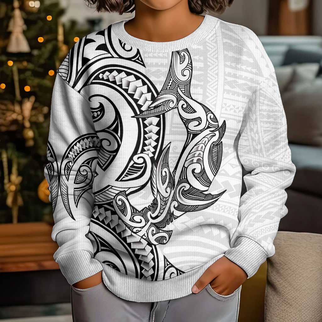 New Zealand Hammerhead Shark Kid Ugly Christmas Sweater Maori Haehae Mangopare White - Vibe Hoodie